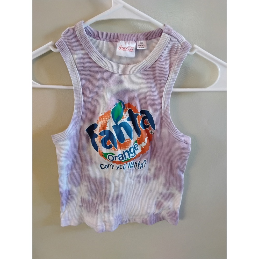 Coca-Cola Fanta Orange Tie Dye Ribbed Crop‎ Tank Top Purple White Small SM Y2K